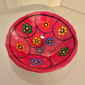 Mexican Talavera Pottery 3 Footed Salsa/Trinket Bowl Hot Pink with Flowers 5.5”